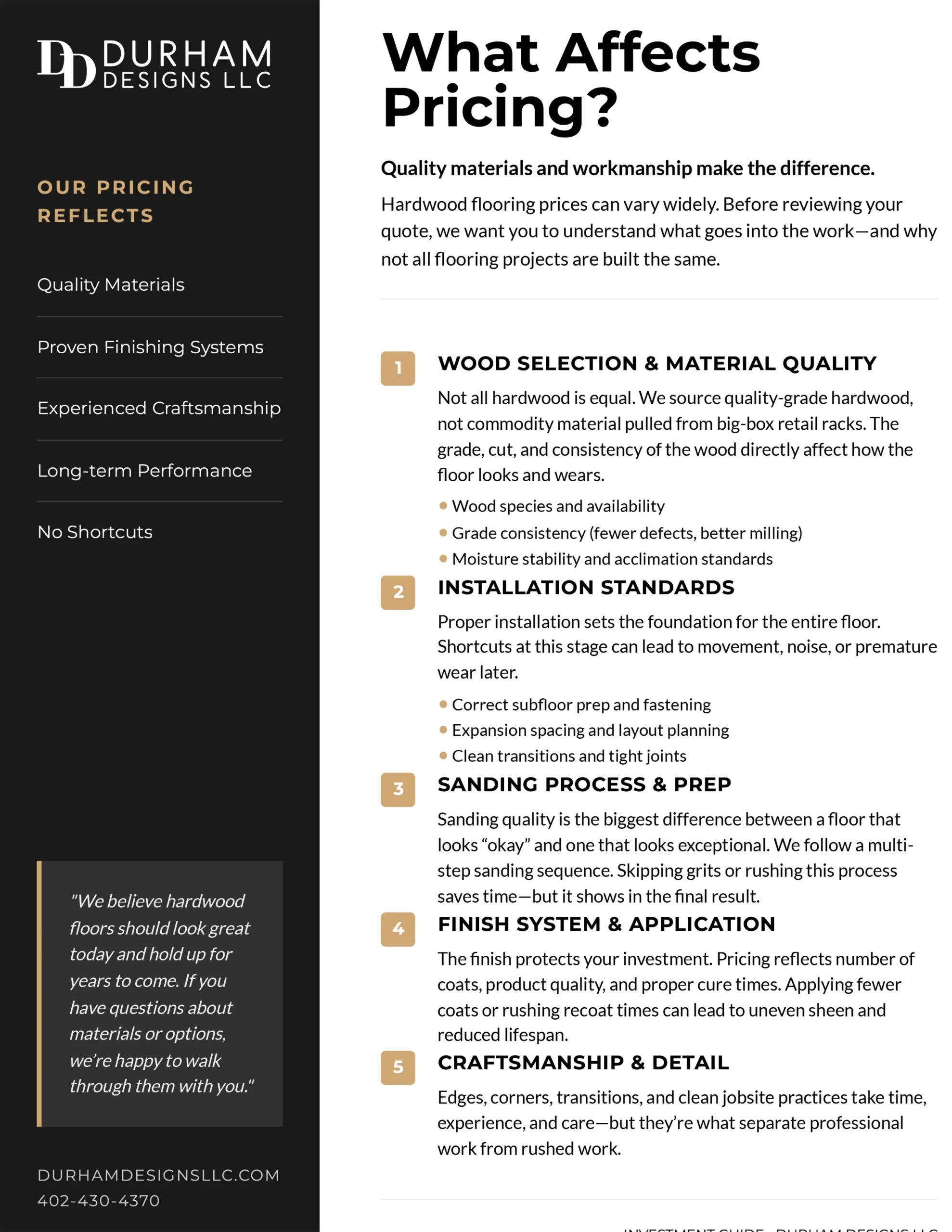 Durham Designs - What Affects Pricing brochure